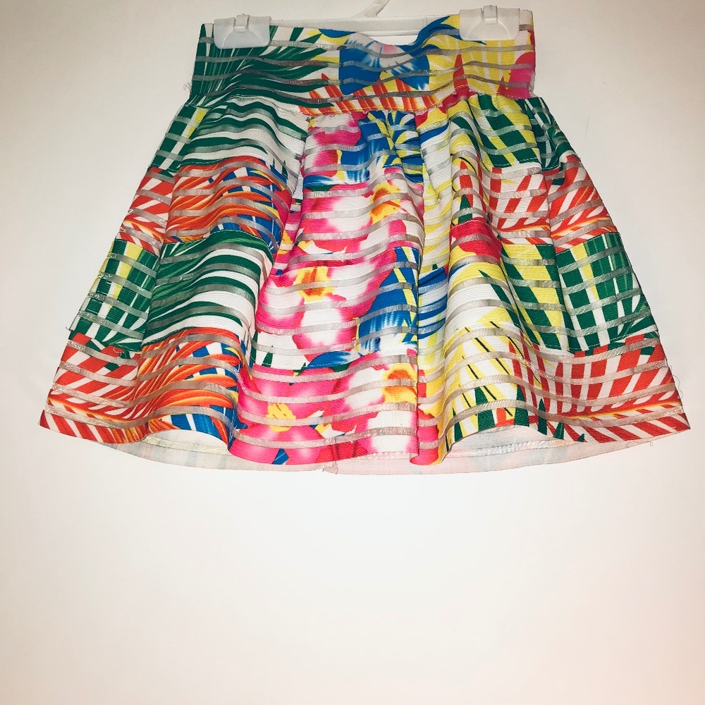 Neslay Designer Tropical A-Line Skirt Multi-Color Floral Pink Blue Green Small